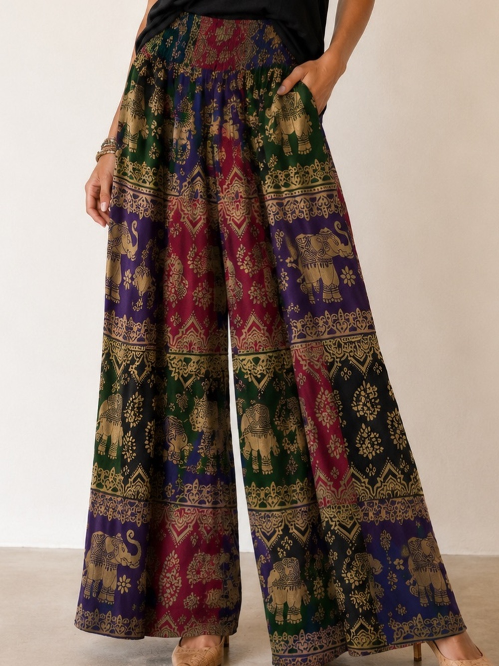 Boho Multi Color Elephant Print Patchwork Wide Leg Festival Resort Palazzo Pants